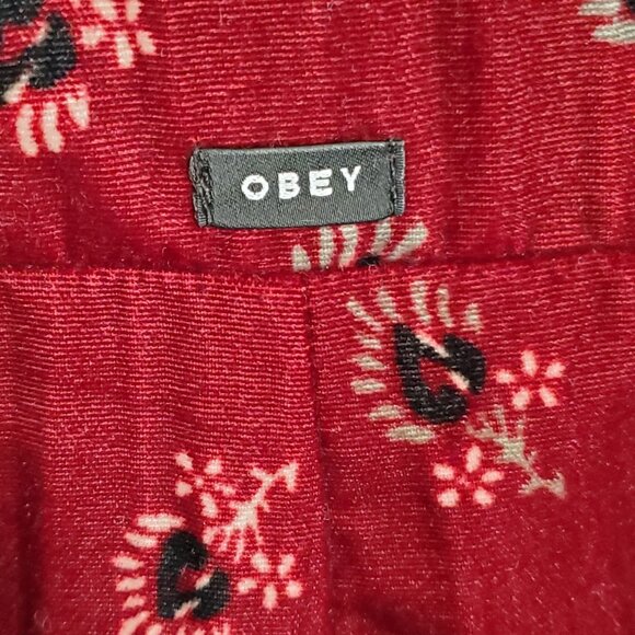 Obey Size M Dress Rouge Mini Floral Crinkle Velvet Button Front Ox Blood Red - Picture 12 of 12